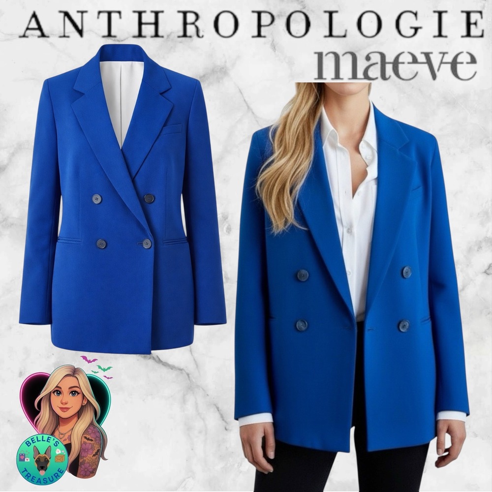 Maeve Anthropologie Blue Double Breasted Blazer Jacket Cobalt Oversized Womens 6